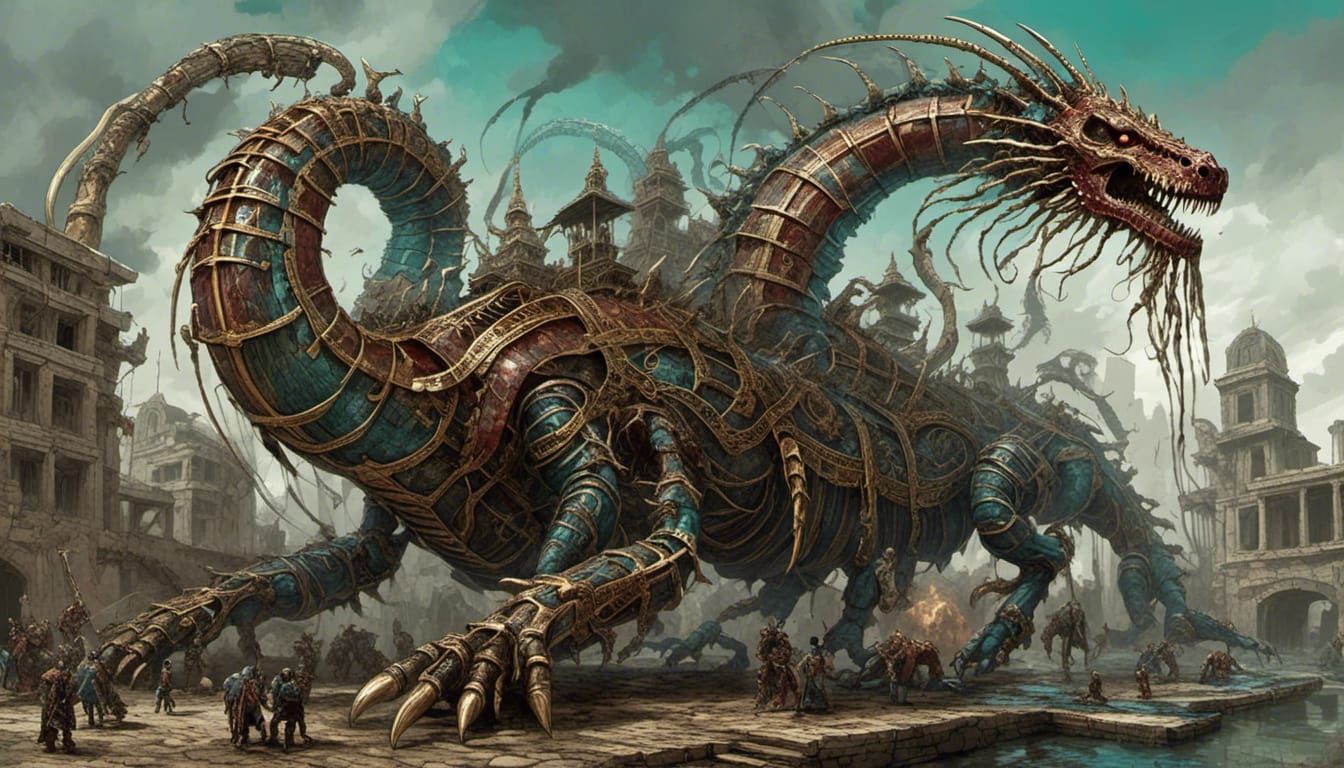 Colossal Hydra-Leviathan Skeleton in Ruined City