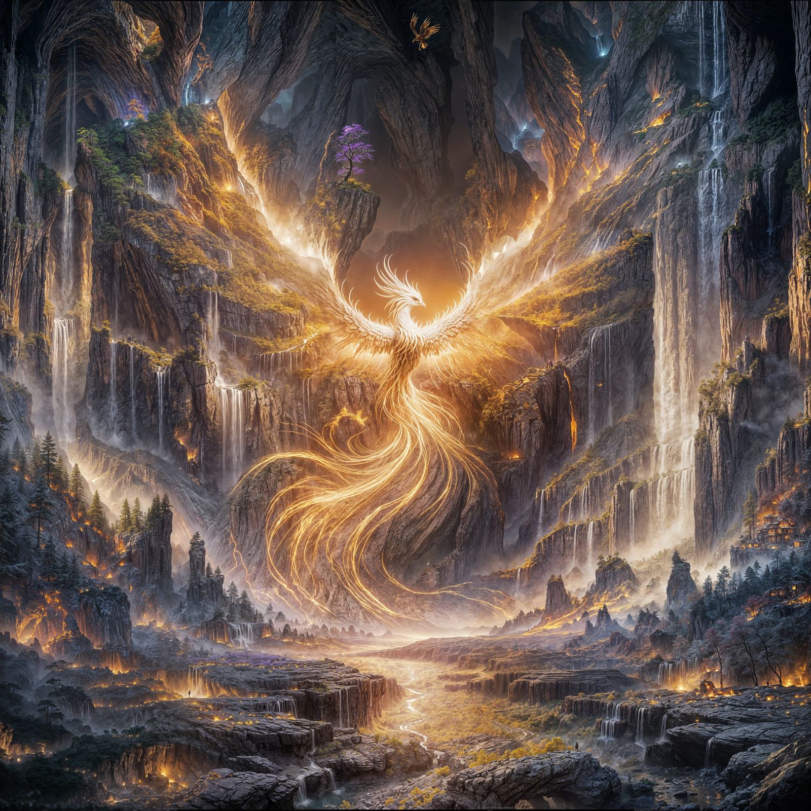 Dark Fantasy Phoenix Rises from Ashes in a Golden Glow