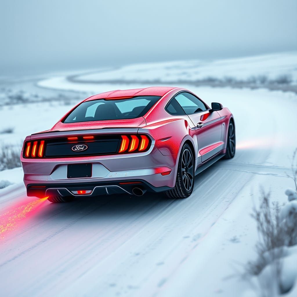 Red Fairy Dust Mustang on Snowy Road