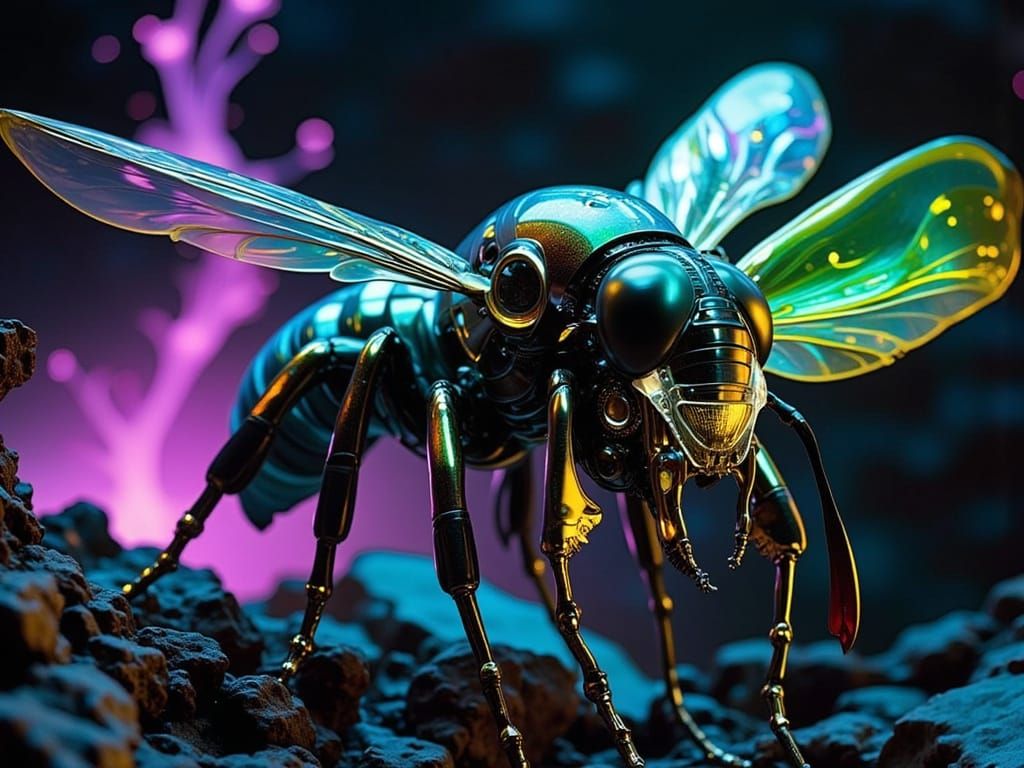 Cyberpunk Biomechanical Bee in Futuristic Bloom