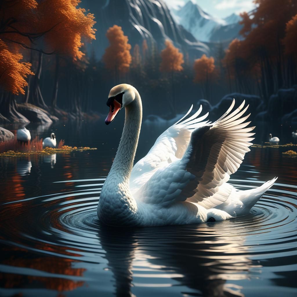 Swan Swimming in Lake: Fantasy Concept Art