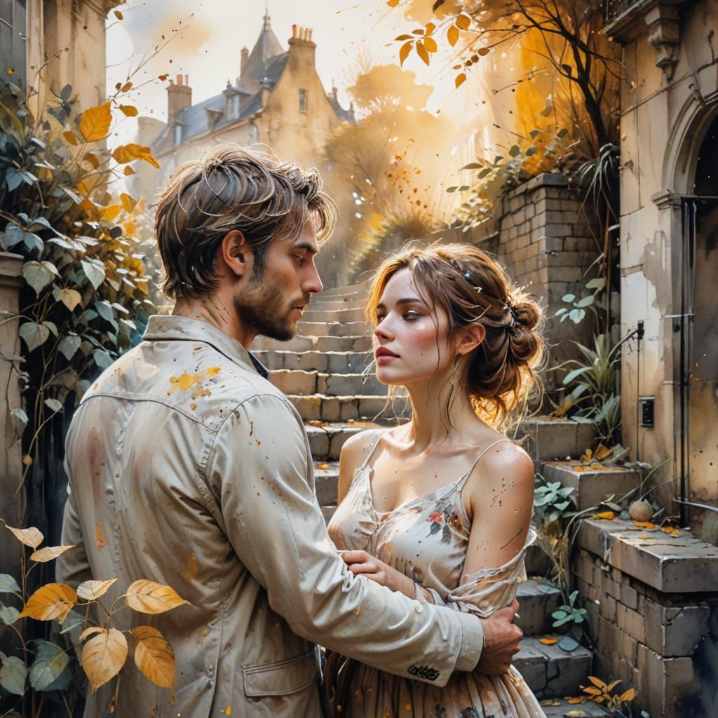 Romantic Meeting on Cobblestone Stairs in Watercolor Style