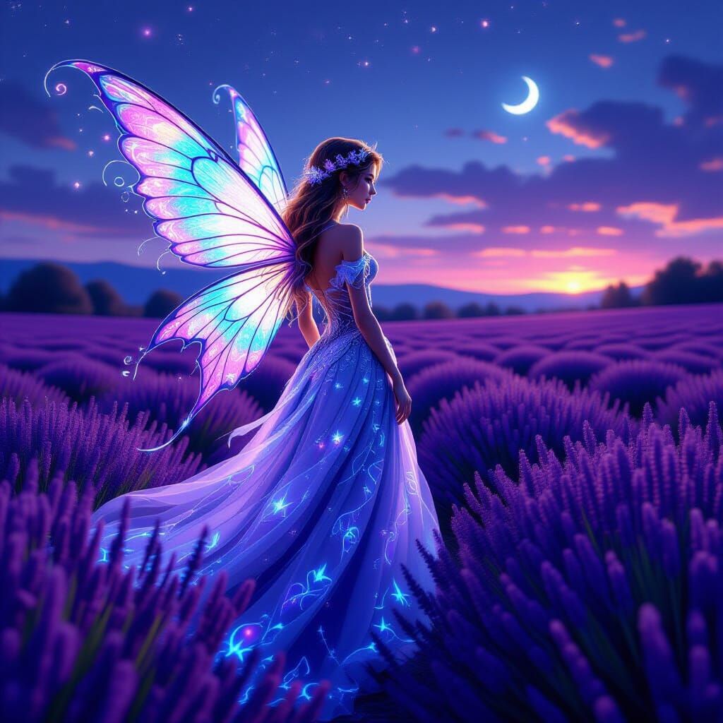 Fairy in Lavender Field with Bioluminescent Gown