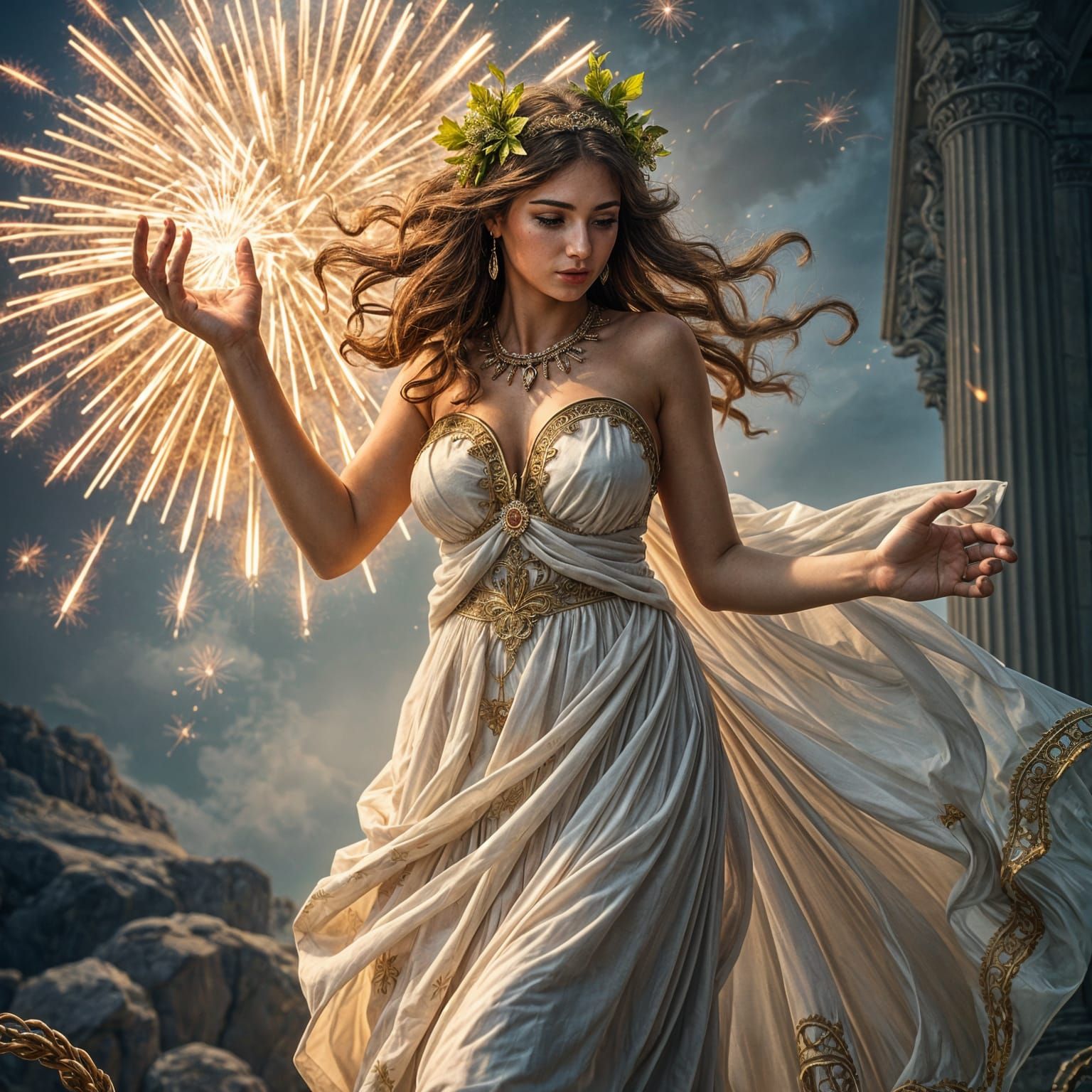 Hyperrealistic Greek Goddess Playing with Fireworks