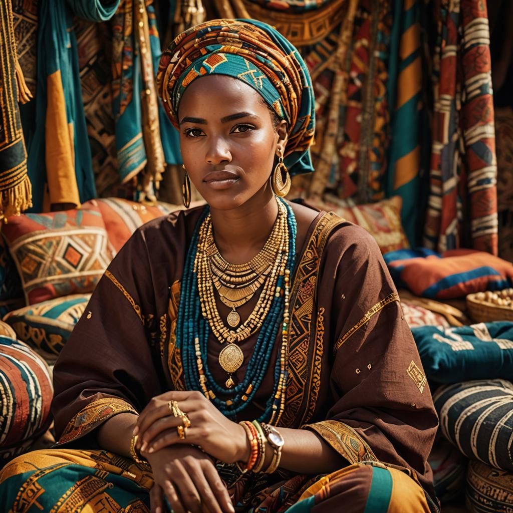 Mauritanian Woman in Marketplace with African Tapestry
