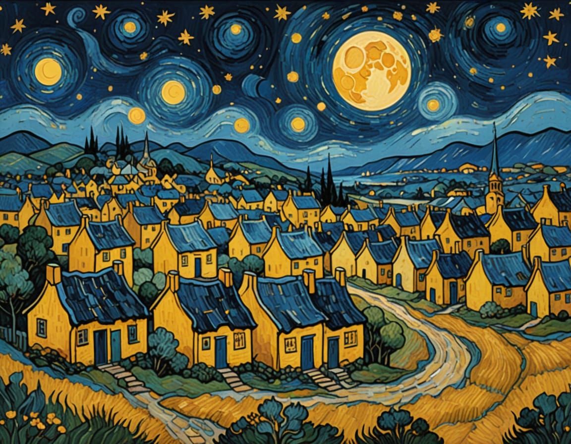 Village Moon: A Starry Night Inspired Impasto Painting