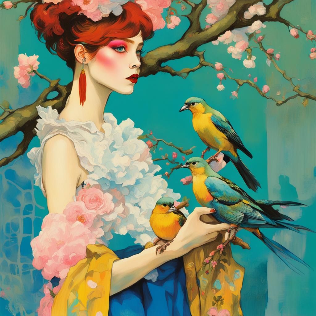 High Fashion Woman with Birds in Anime Style