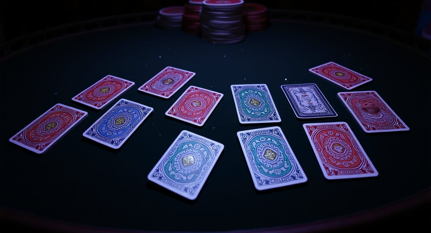 Magical Poker Table with Glowing Cards in Watercolor Style