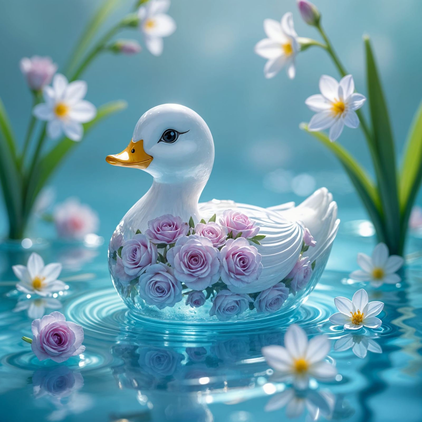 Delicate Blown Glass Duckling with Floral Details