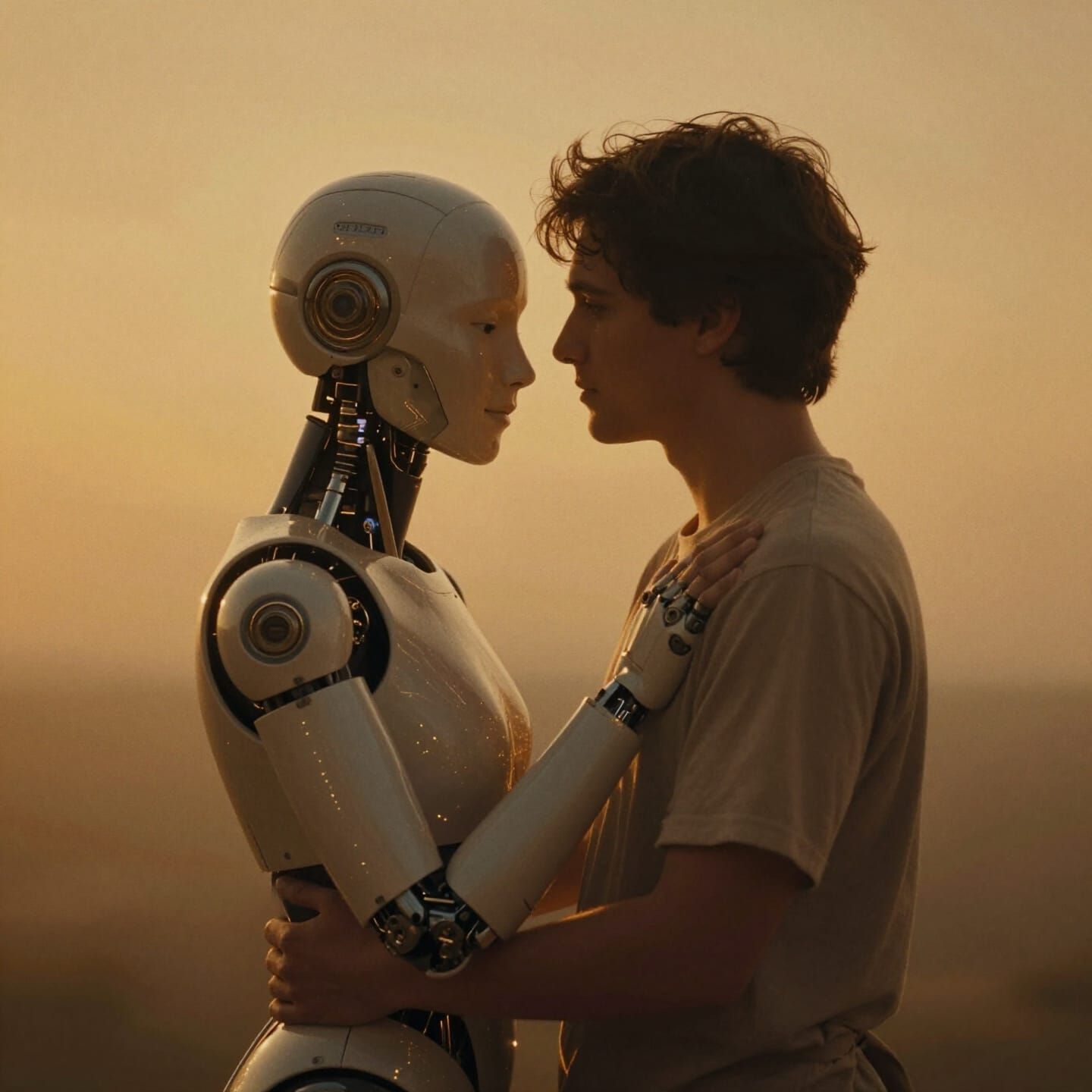 Human and AI Embrace as Best Friends in Golden Light