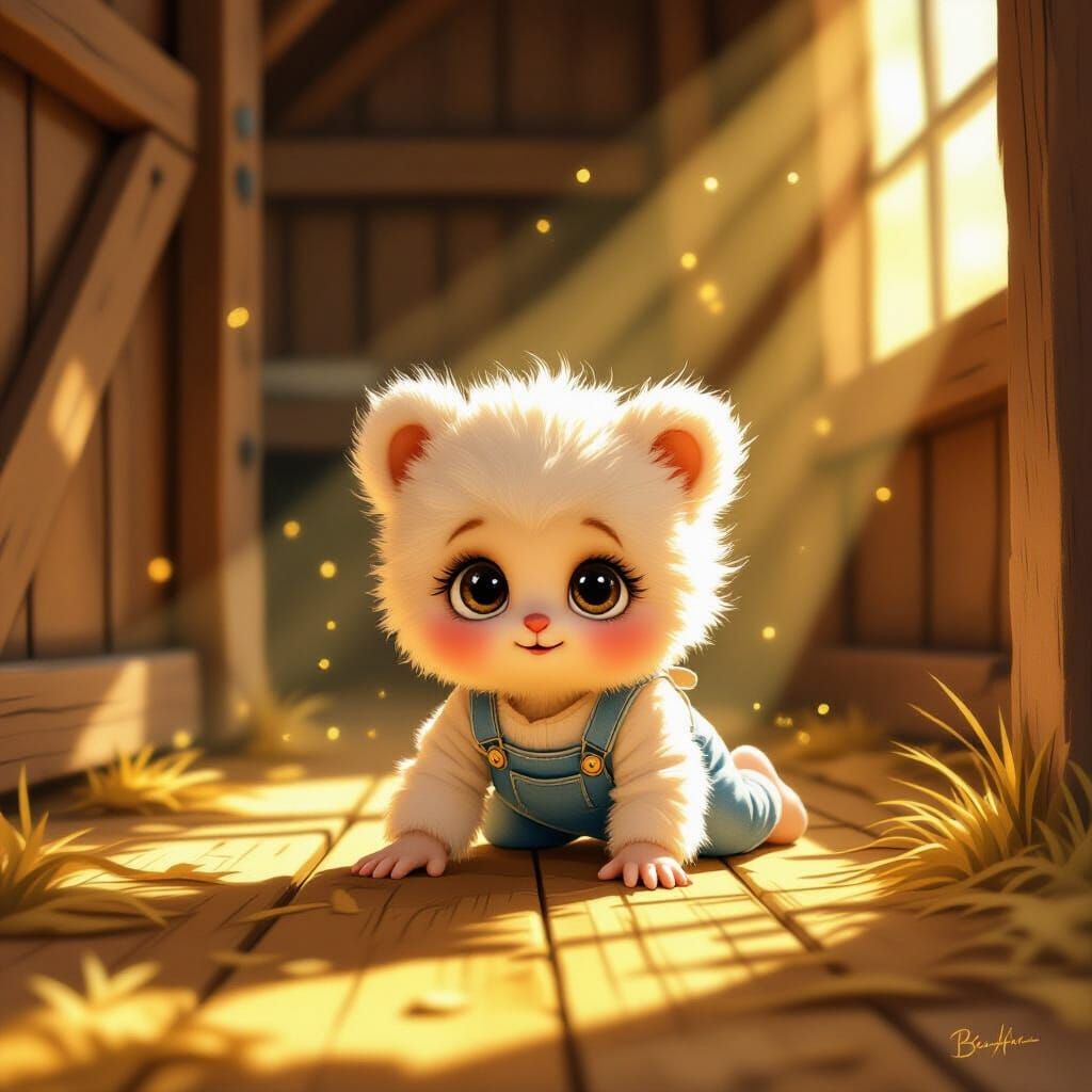 Cute Bamba Doll Crawling in Barn, Whimsical Digital Art