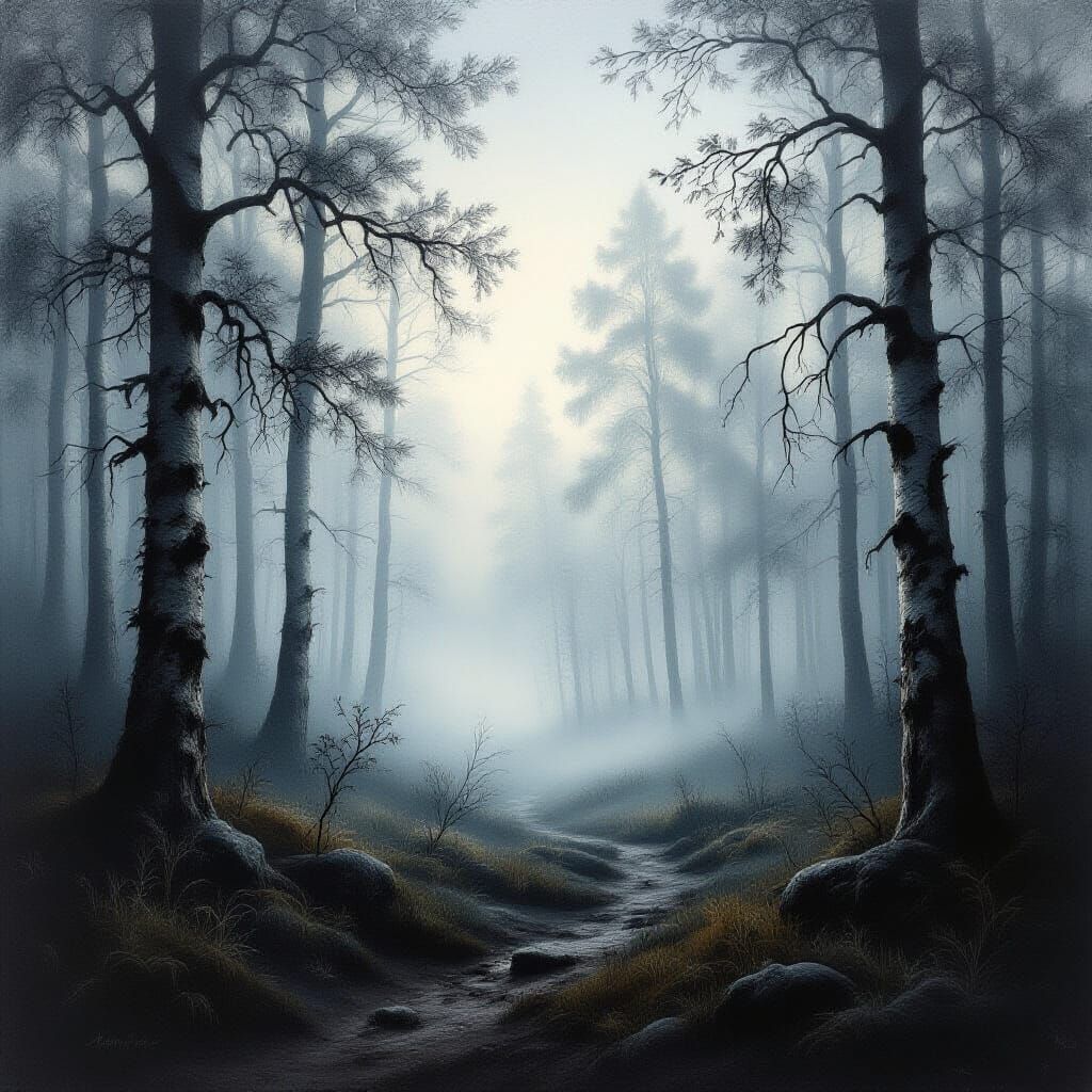 Mysterious Foggy Finnish Forest in Classical Art Style