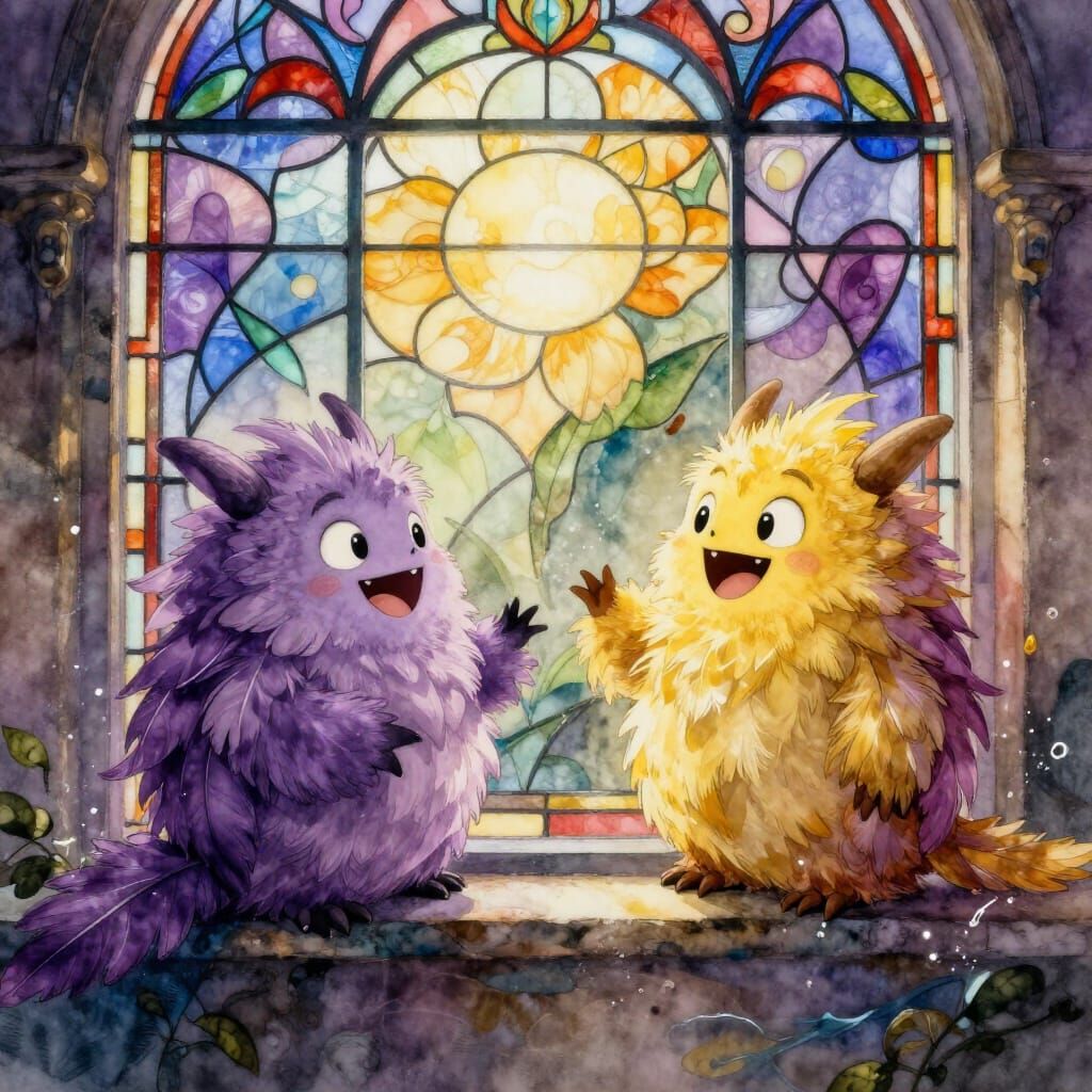 Cute Feathered Monsters Play by Stained Glass Window in Wate...