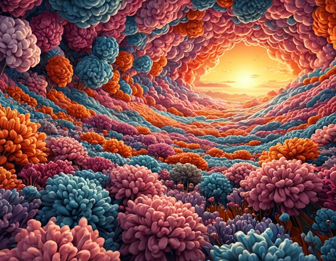 Sunset Flower Meadow with Colored Clouds in 8K