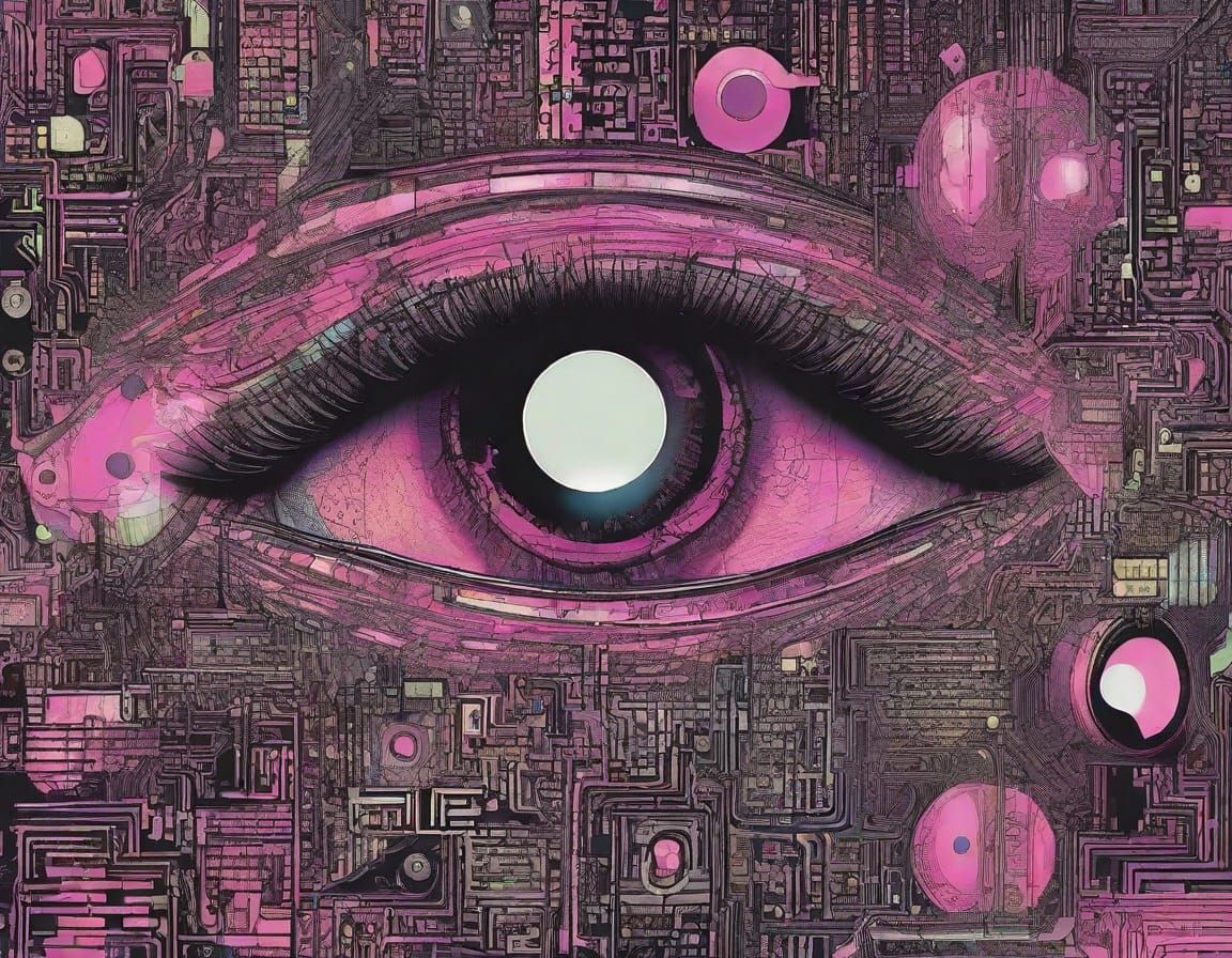 Surreal Eyeball with Neon Iris and Dark Circuits