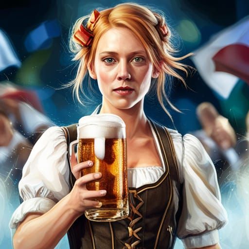 Oktoberfest Beer Maid Dances in Photorealistic Watercolor
