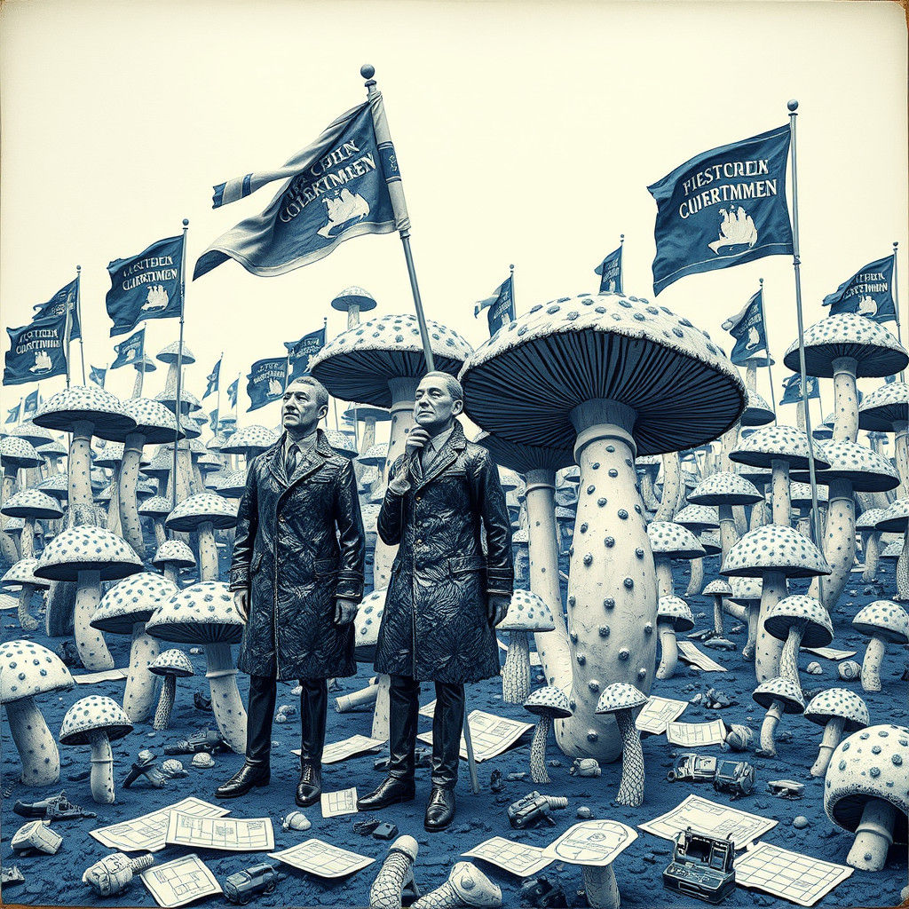 Porcelain Bureaucrats Count Mushrooms in Dystopian Landscape