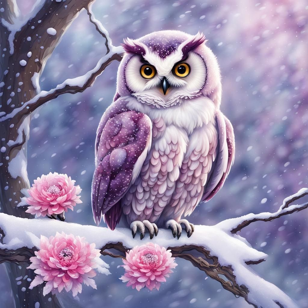 Winter Owl Surrounded by Colorful Flowers