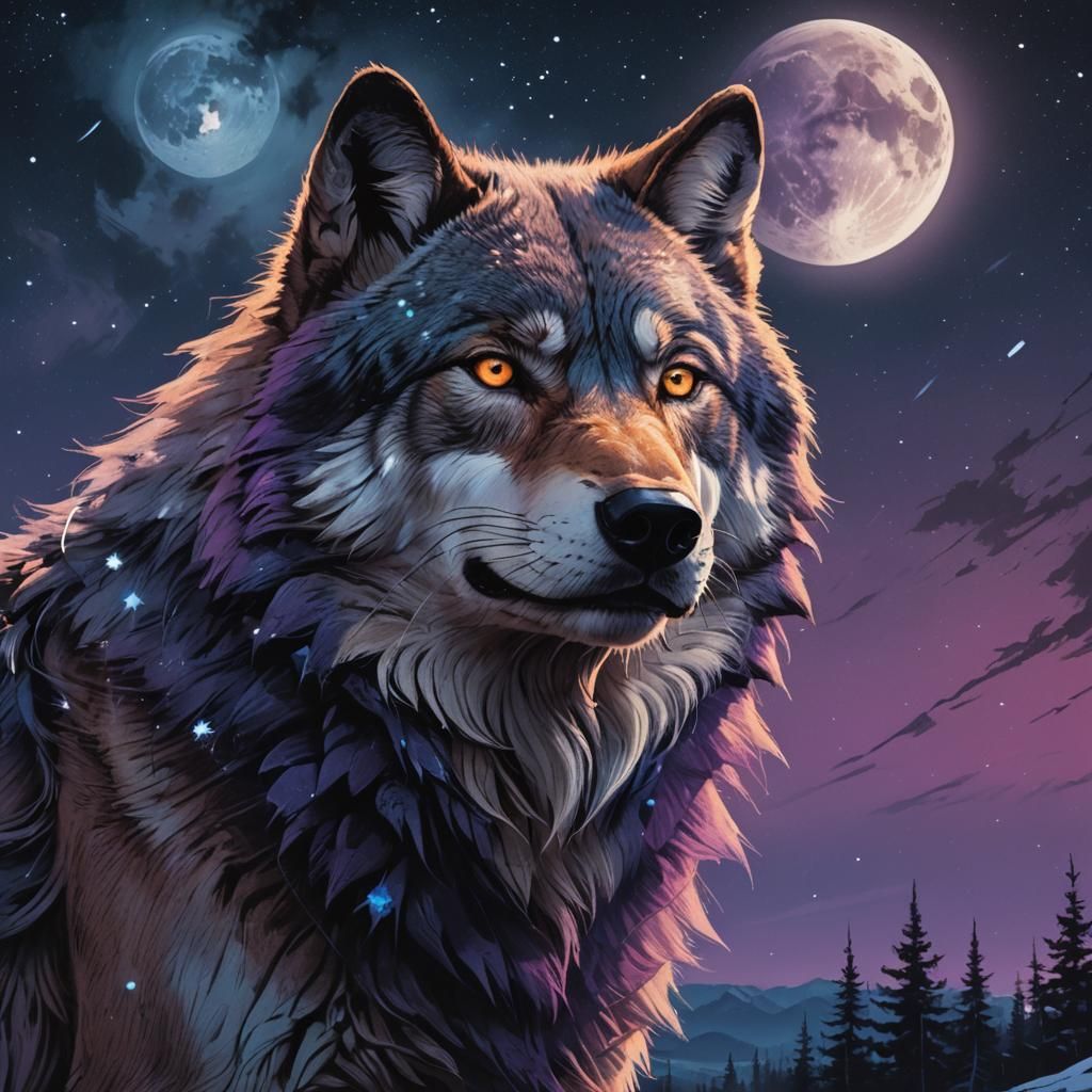 Wolf Howling at Moon in Ethereal Fantasy Art