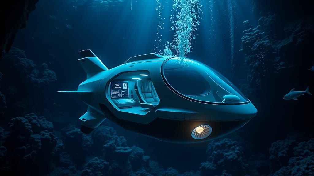 Futuristic Submarine Exploring Bioluminescent Deep Ocean