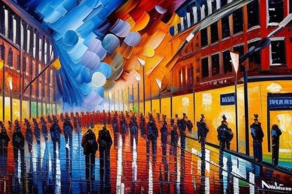 Neo impressionist view of a London riot scene