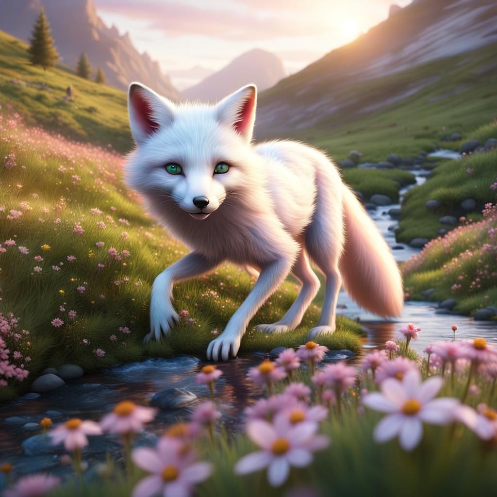 Albino Fox and Butterfly in 3D Landscape