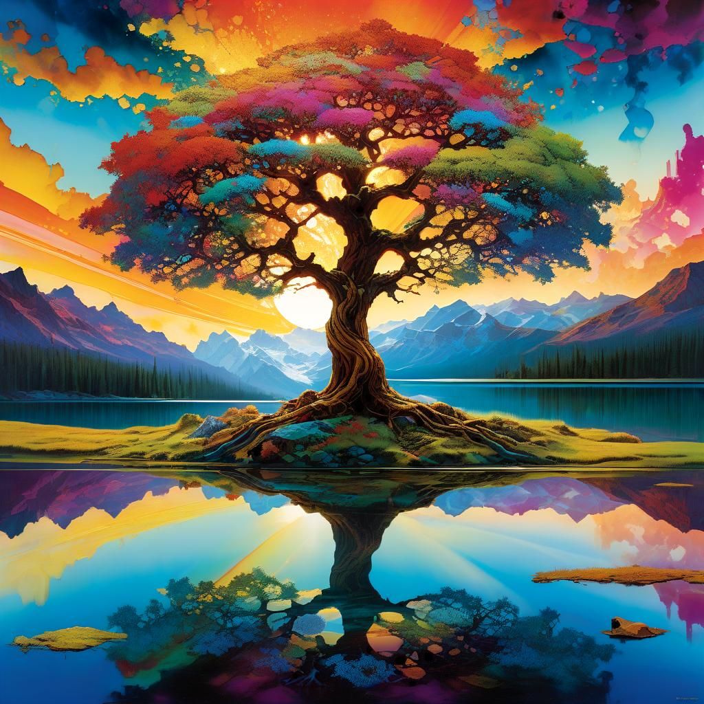 Psychedelic Tree of Life in Surreal Landscape