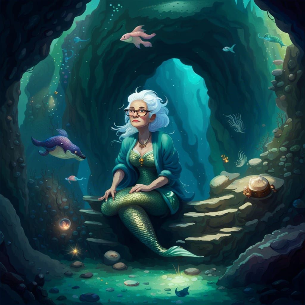 Elderly Mermaid at Cave Entrance in Cardigan