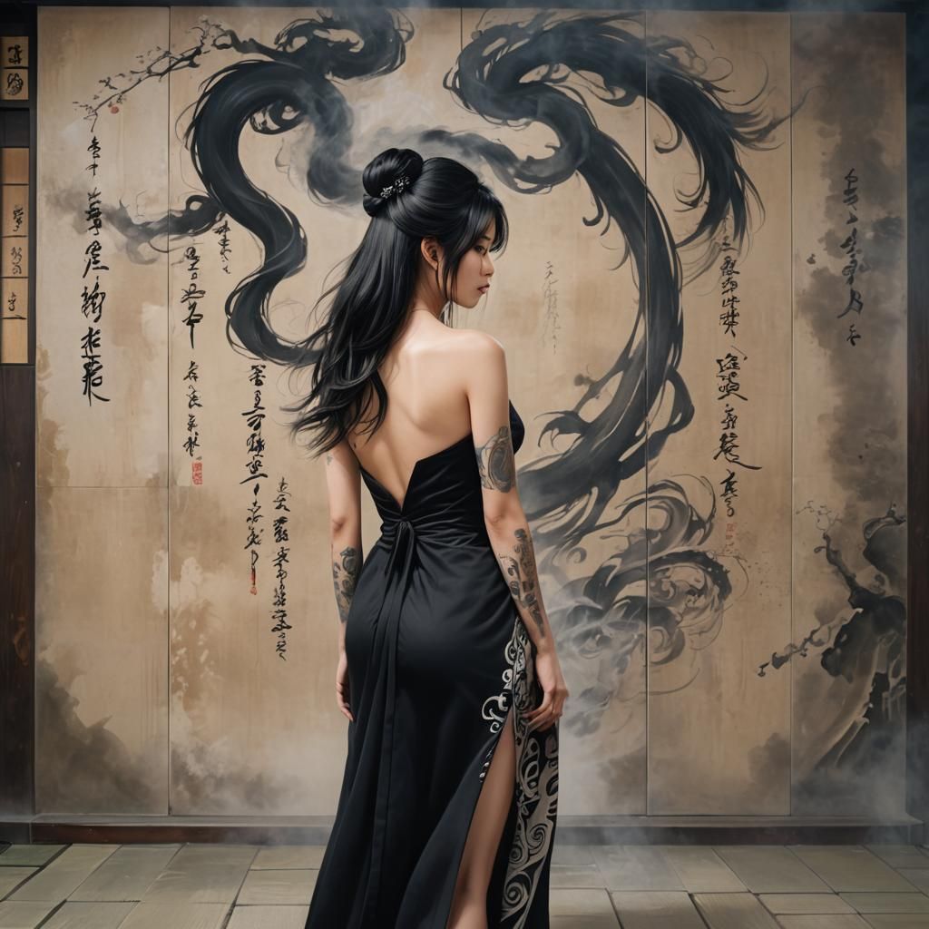 Woman with Tattoos in Smoky Japanese Setting