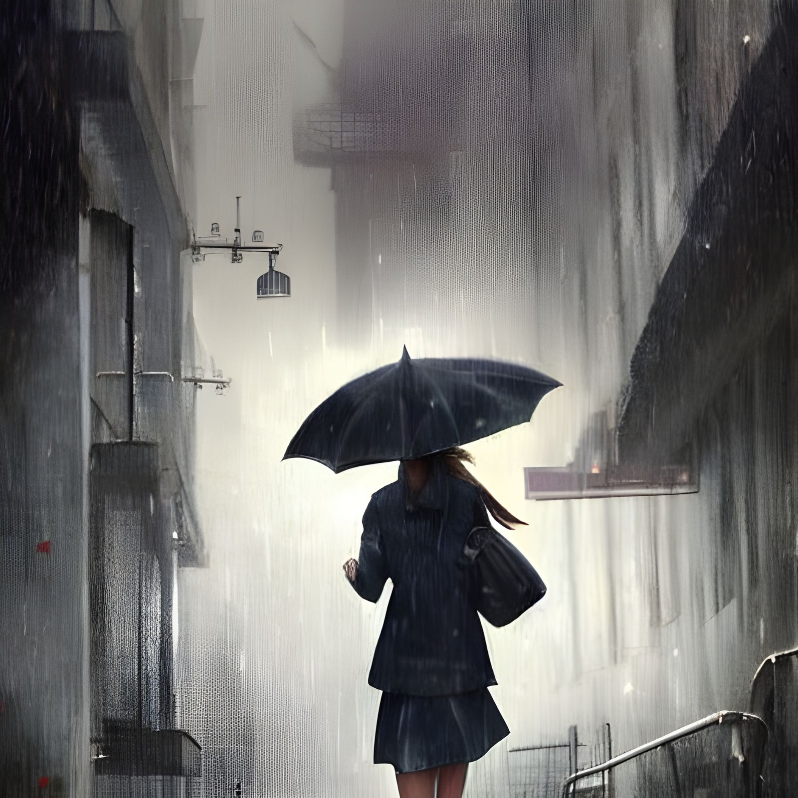 Sinister Schoolgirl in Rainy Cyberpunk Cityscape