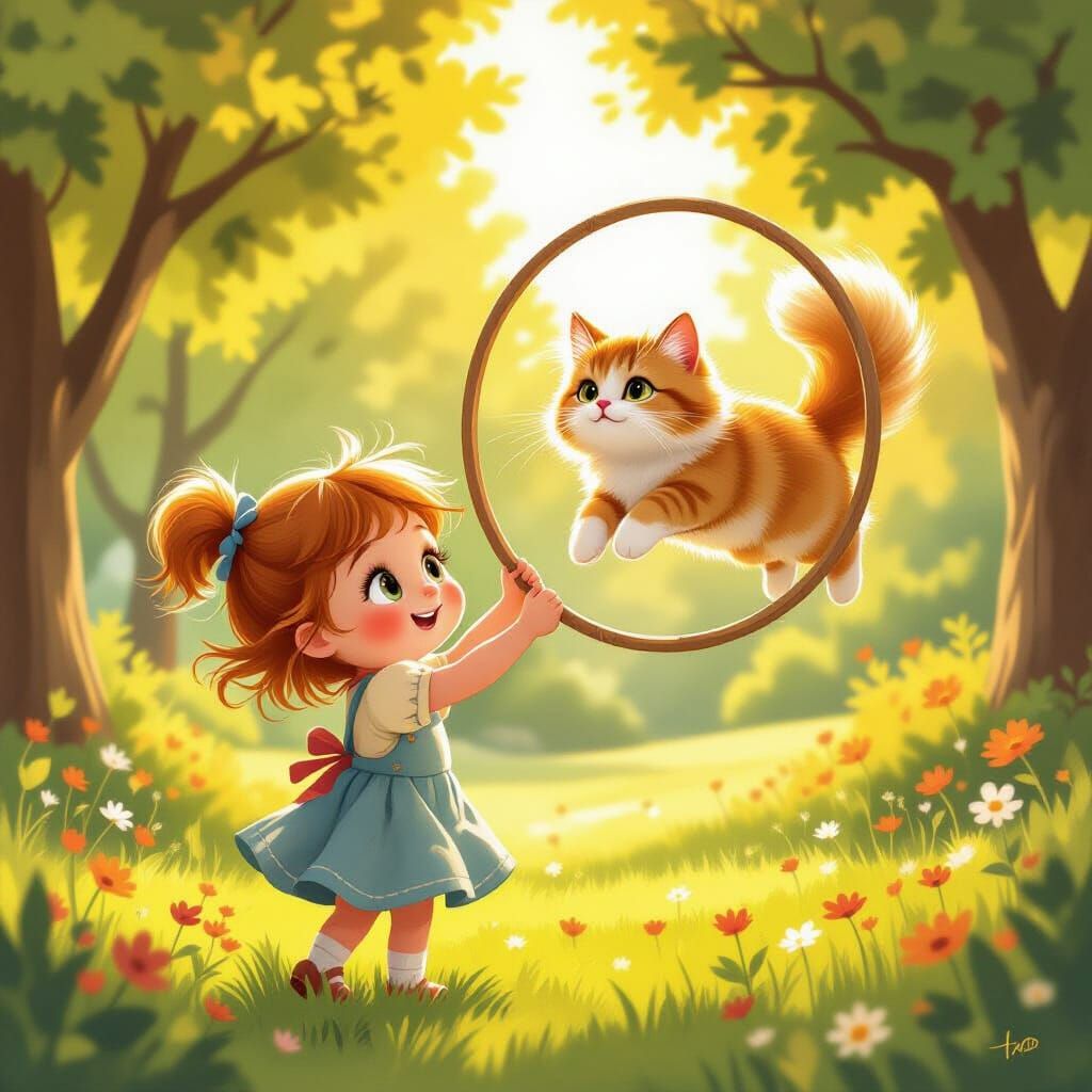 Girl and Cat Play in Sunlit Park