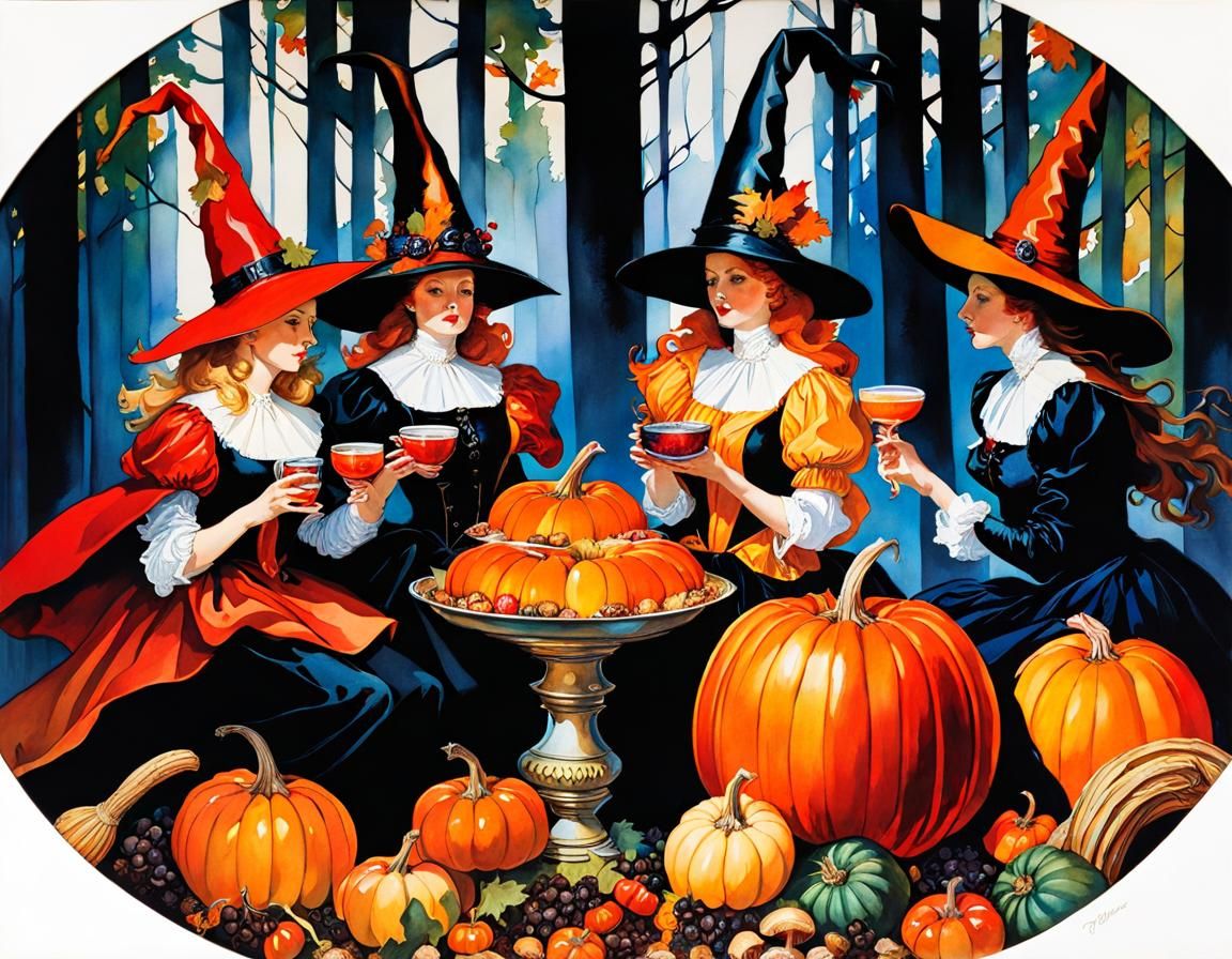 Vibrant Witches' Harvest Feast in Colorful Forest