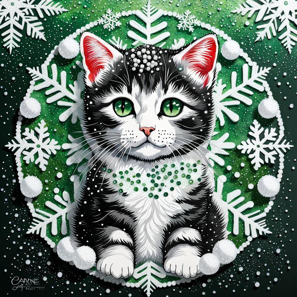 Glitter Kitten in Snowflake, Klimt-Inspired Winter Scene