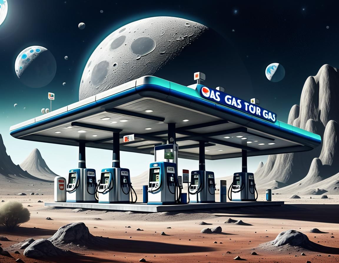 Retro UFO Gas Station on the Moon Illustration