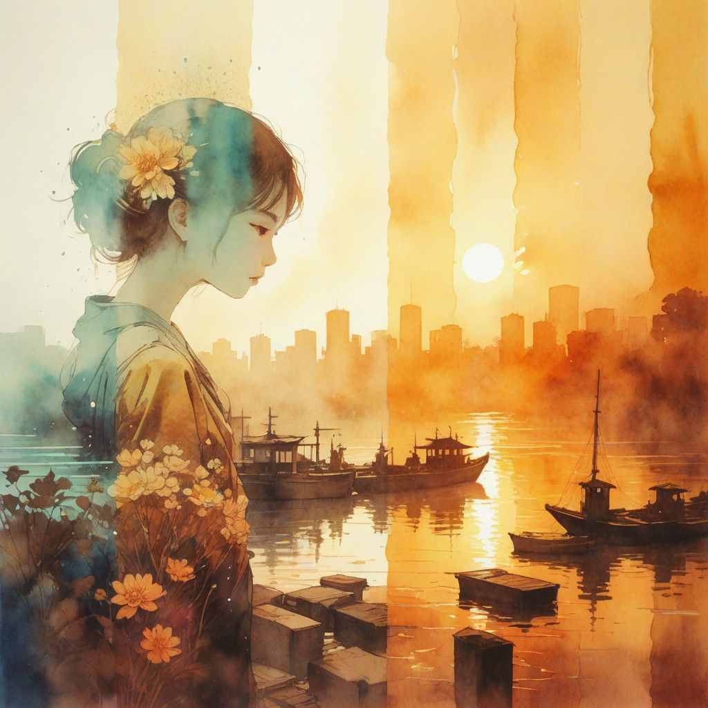 Impressionist Watercolor Masterpiece in Dark Teal and Gold