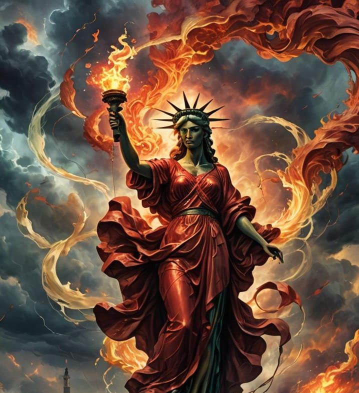 Lady Liberty in Red: Detailed Fantasy Concept Art