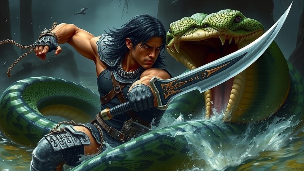 Warrior Versus Serpent: Dark Fantasy Airbrush Art