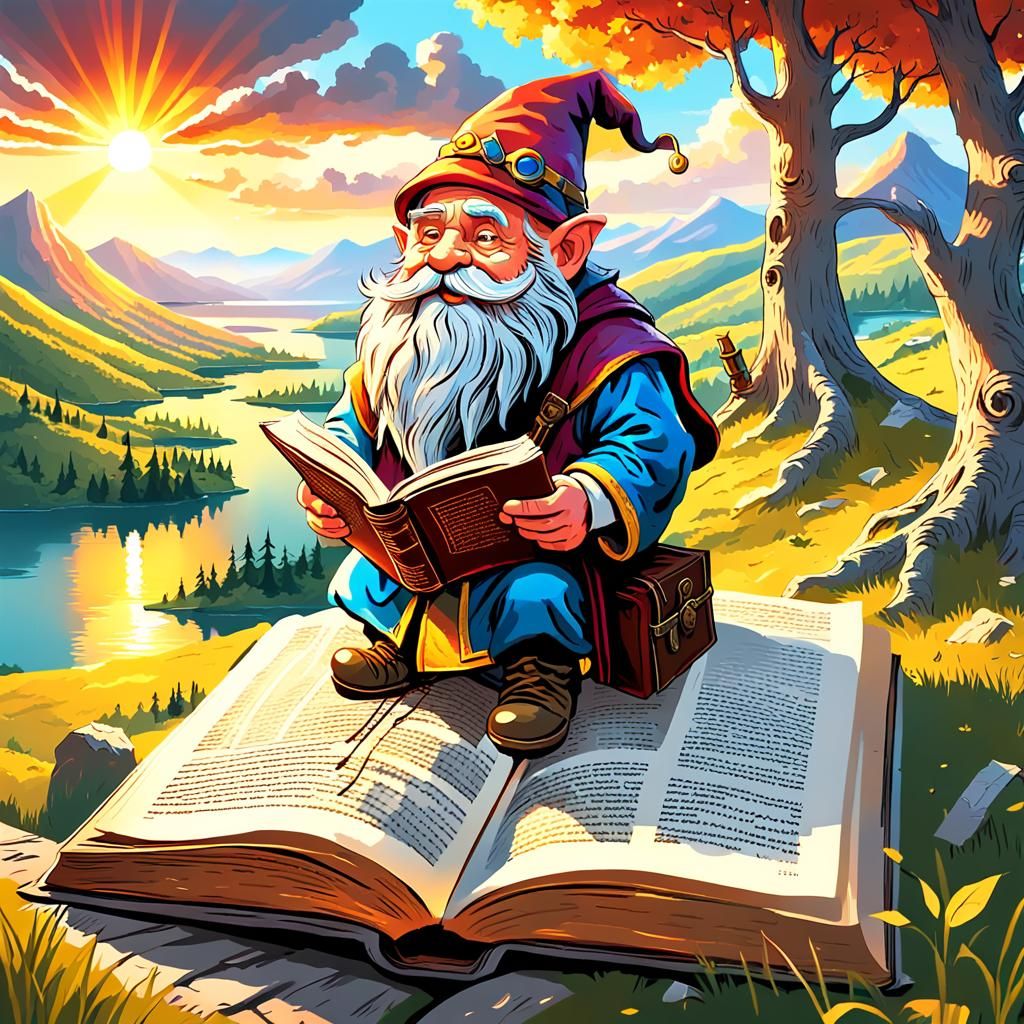 Kind Storyteller old bearded Gnome Dwarf Wizard  a fairytale coming to life upwards from open book pages, view from the ...