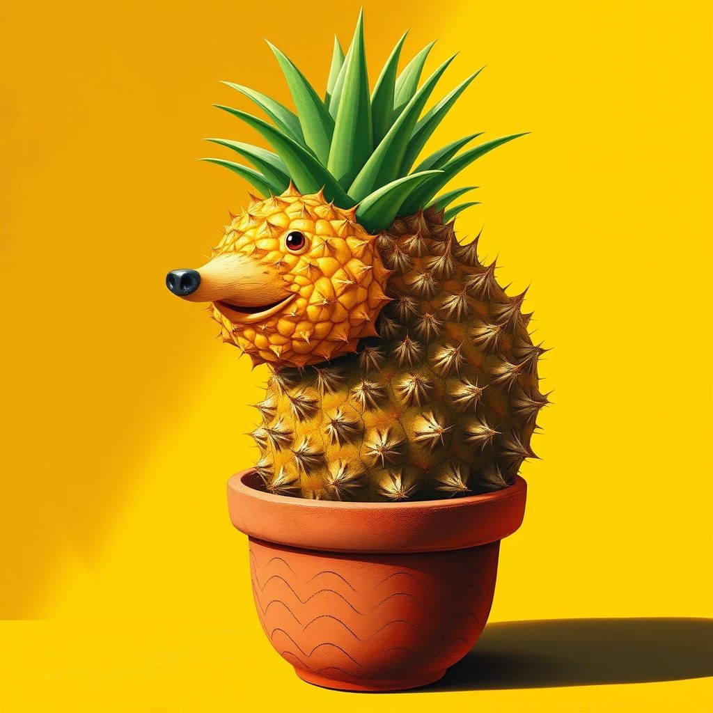 Whimsical Porcupine-Pineapple Plant in Terracotta Pot