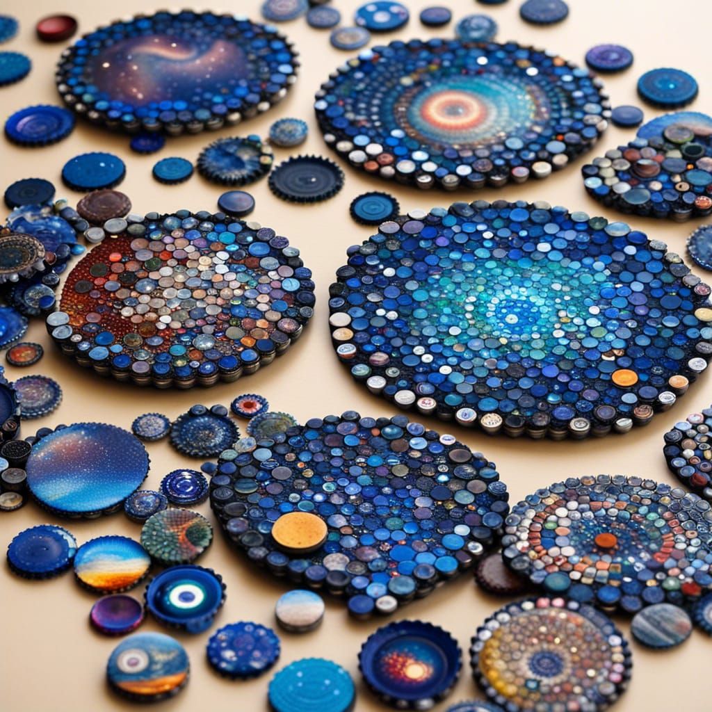 GALAXY THEME MADE OF bottle cap mosaics, newspaper collages, or denim patchworks