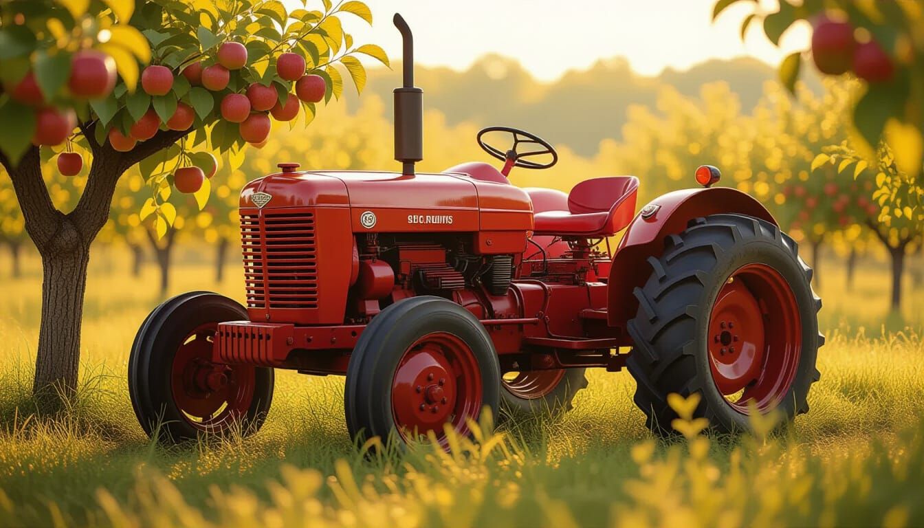 Vintage Tractor in Sunlit Orchard, Mid-Century Comic Style