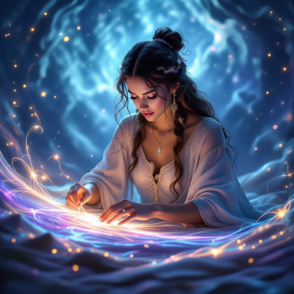 Mystical Artisan Weaving Celestial Tapestry in Ethereal Fant...