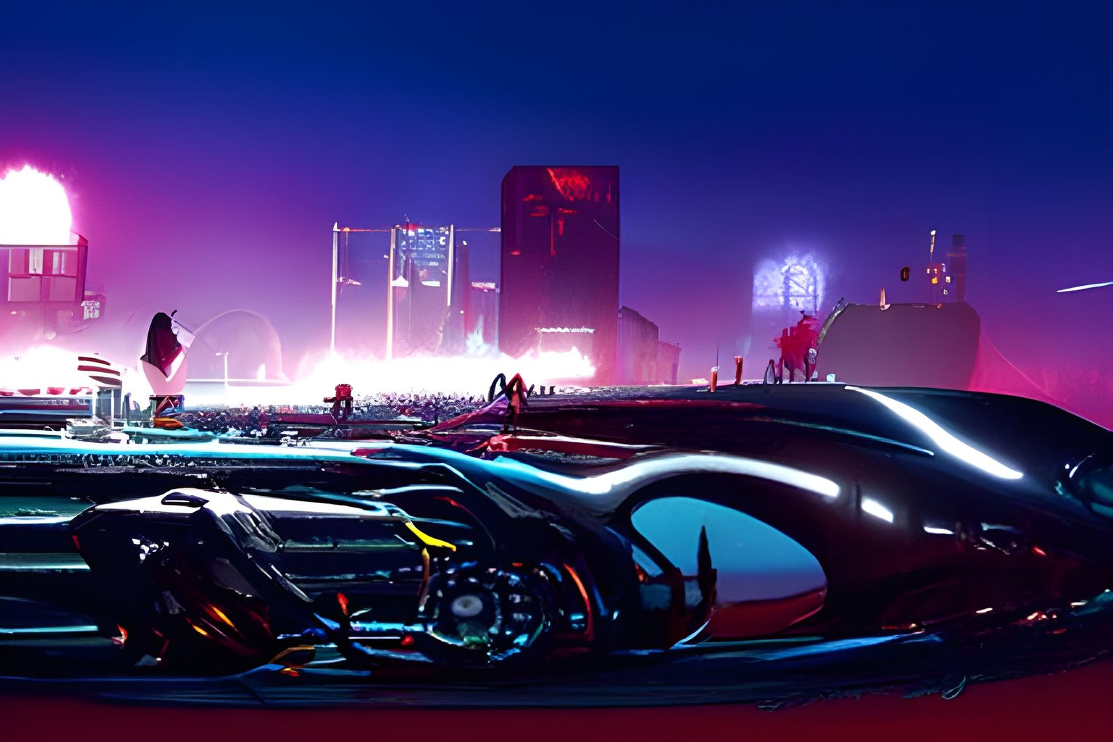 Cyberpunk Race Above Glowing City in Neo-Futuristic Style