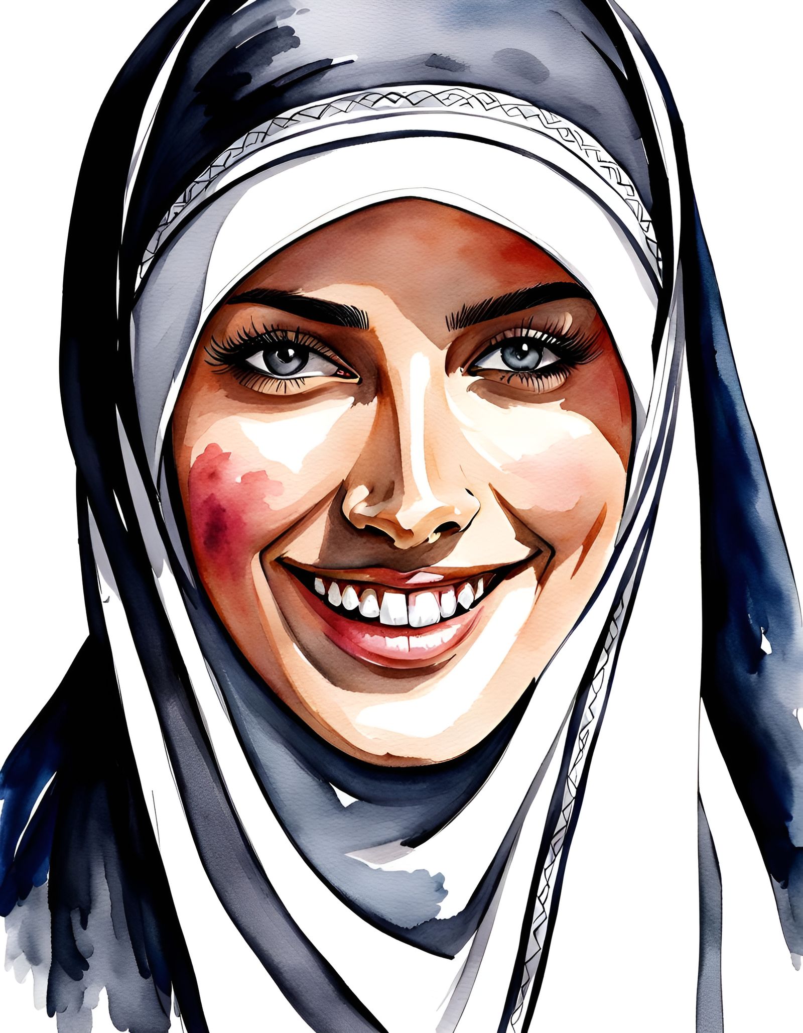 Elegant Smiling Woman in Niqab, Watercolor Portrait