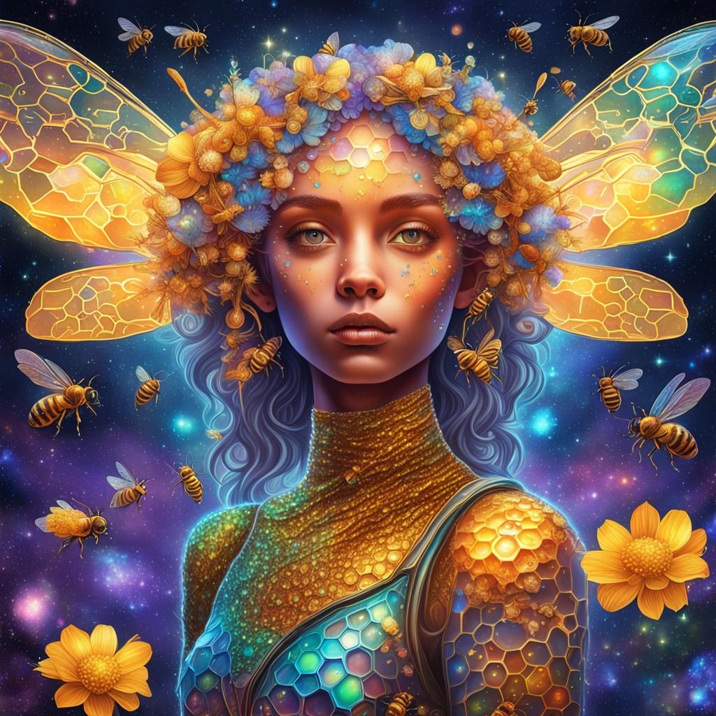 Holographic Honey Bee Fairy in Astral Illustration