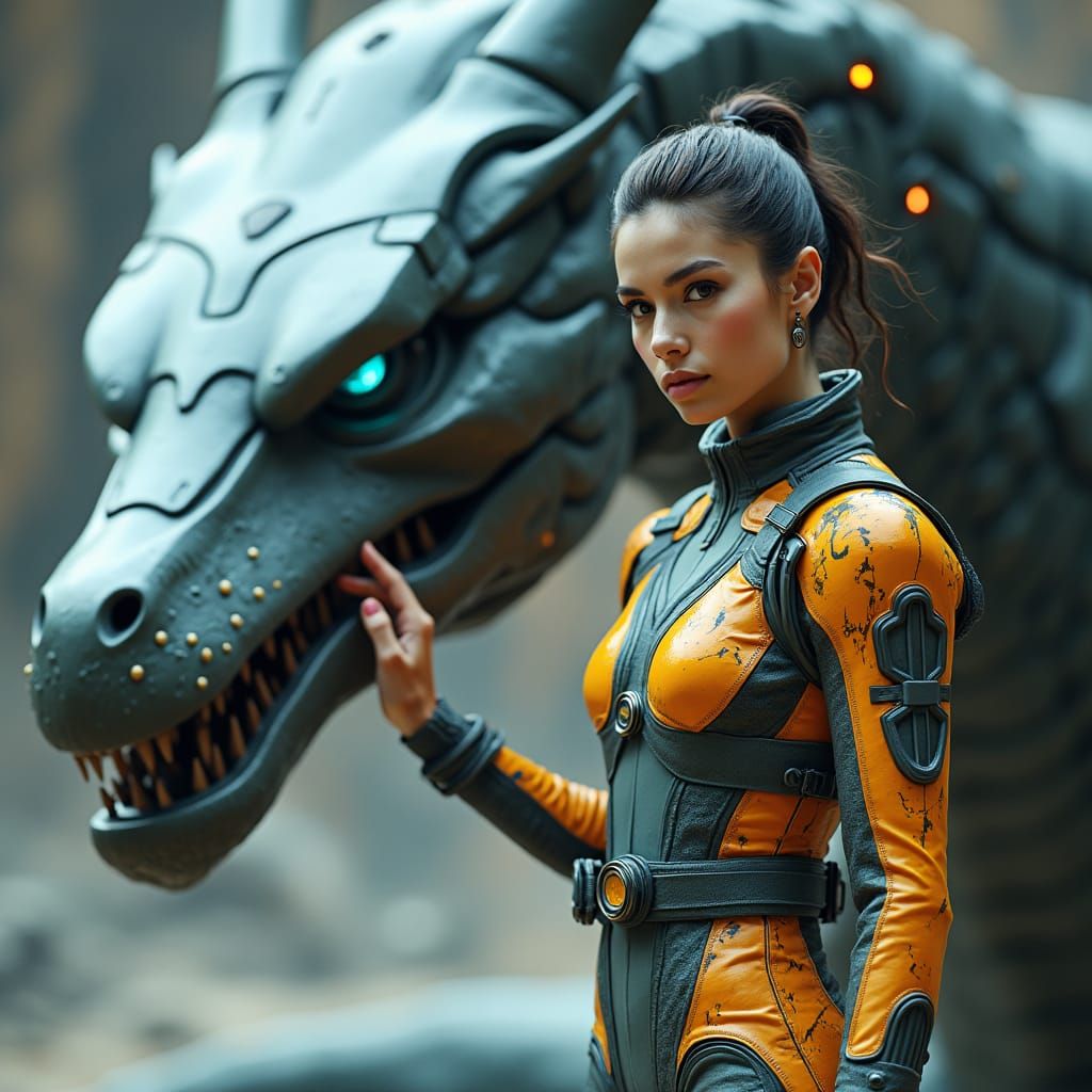 Futuristic Woman and Robotic Dragon in Hyperrealism