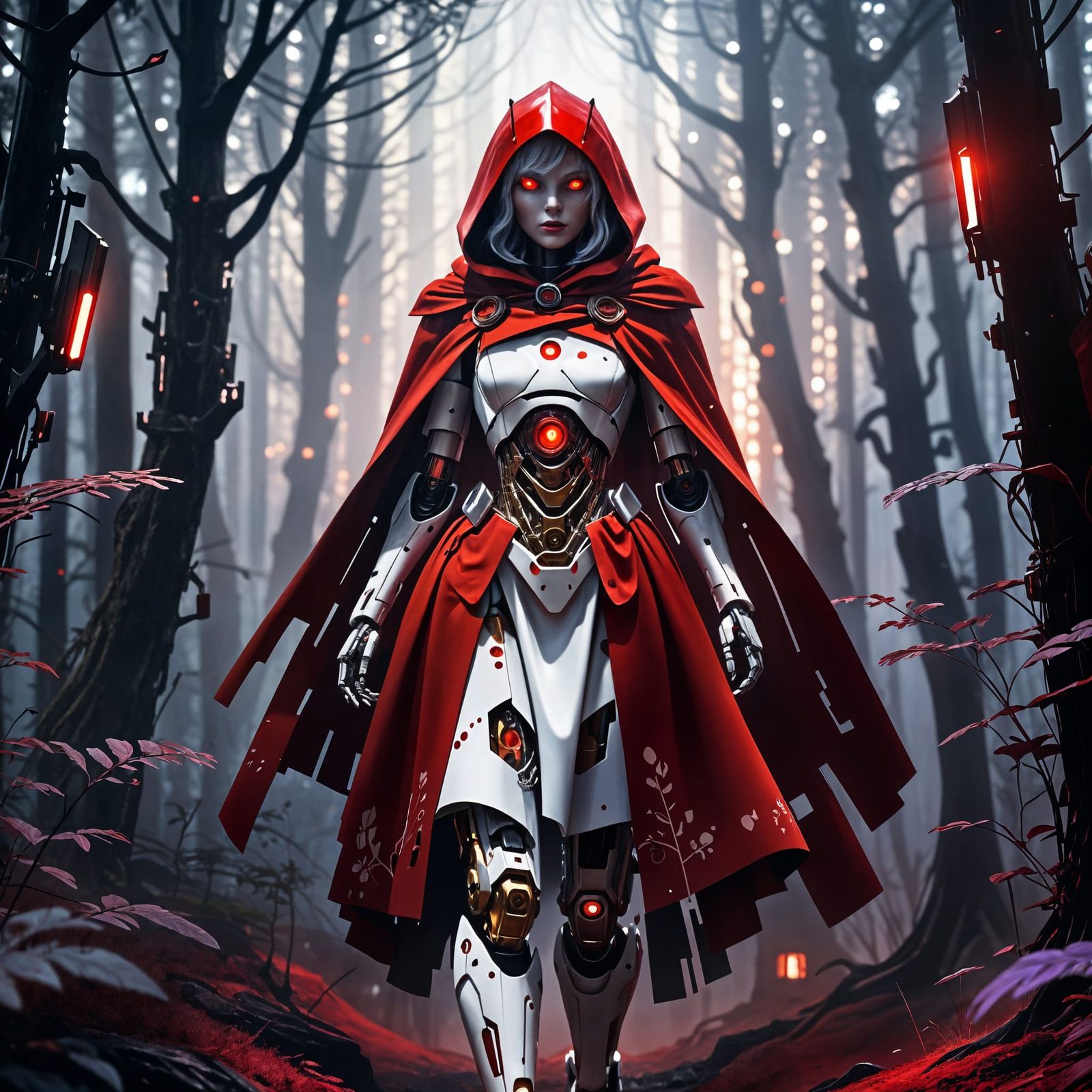 Glowing Robot Red Riding Hood in a Dazzling Red Forest