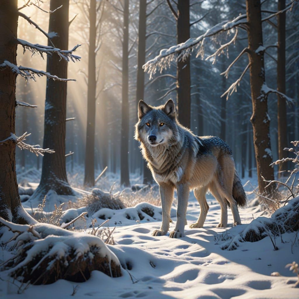 Majestic Wolf Hunts in Snowy Forest at Golden Hour