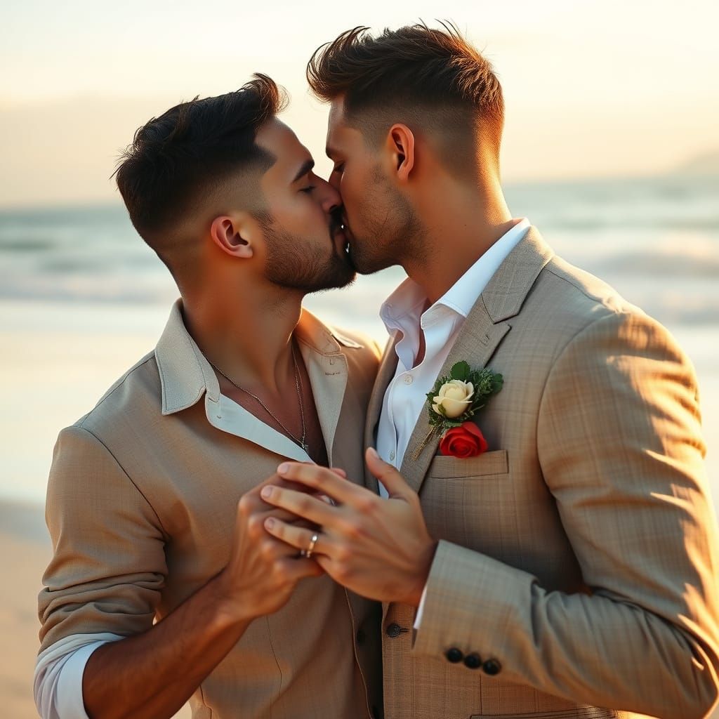 Beach Wedding: Two Grooms Exchange Rings