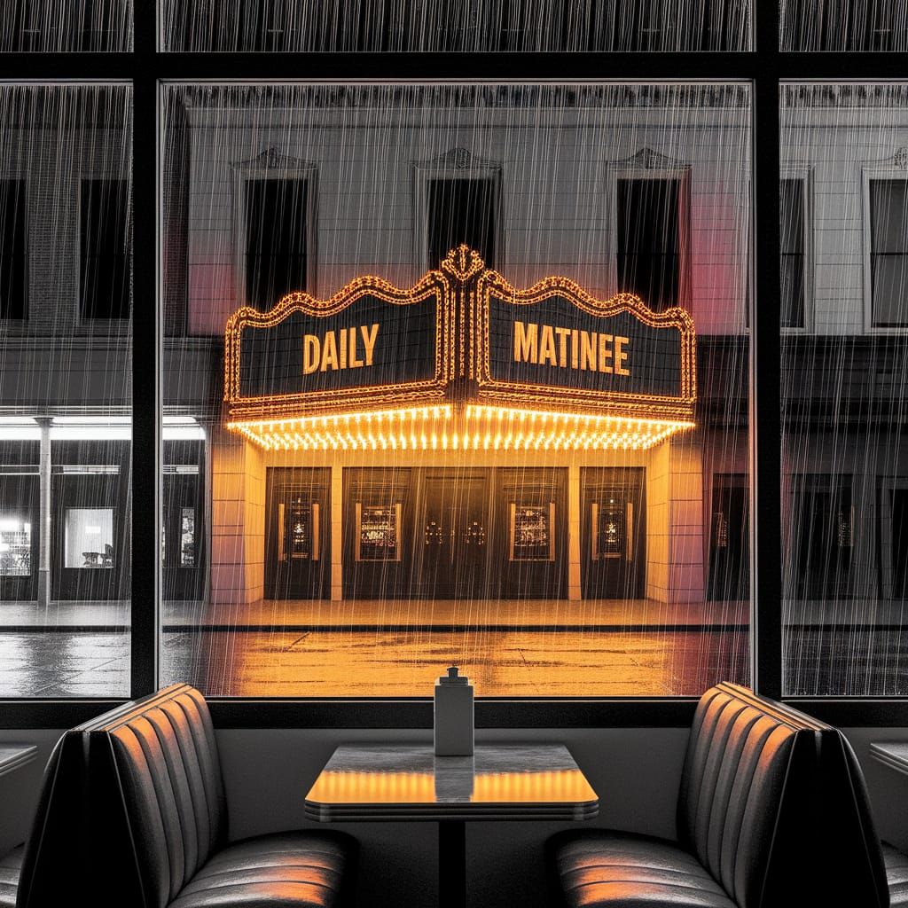 Ornate Theater Seen Through Diner Window